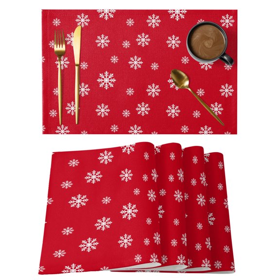 Winter Christmas Placemats Set of 1, White Snowflake Rustic Cottagecore Red Background Non-Slip Place Mats Washable Table Mats for Kitchen Dining Table Decorations Indoor/Outdoor