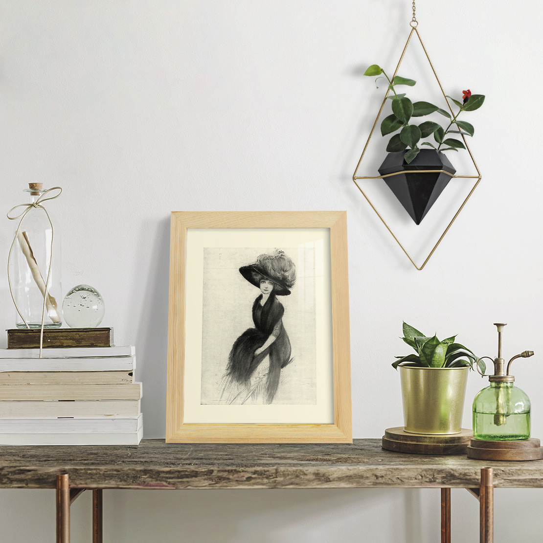 Feather Hat II -Framed Print w/glass-Natural Wood
