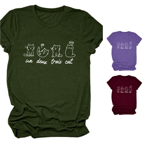 Trendfront Womens French Cat Graphic T Shirts Crewneck Short Sleeve Un Deux Trois Cat Letter Print Cute Animal Tee Tops