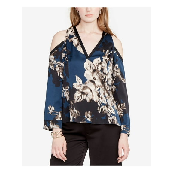 RACHEL ROY Womens Navy Cold Shoulder Floral Long Sleeve V Neck Top Size: XS