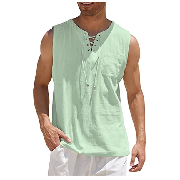 Men's Casual Loose Cotton Linen Shirts Colour Shirt Blouse Sleeveless Vest Beach Shirts Tops XL