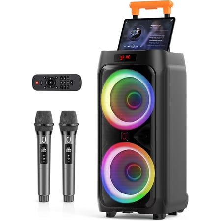 JYX Karaoke Machine with 2 Wireless Microphones, 24" Big Portable Bluetooth Speaker for Adults RGB Light PA System Treble & Bass, Support TWS/USB/AUX/TF Card/REC, Home Party Outdoors