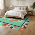 thumbnail image 3 of ODIKA 6'x9' Washable Area Rug Retro Bright Mint Tangerine Hopscotch Colorblock Design with Starburst Checkerboard for Dining Room, Under Table, Office Décor, Non-Slip Chair-Friendly, 3 of 7