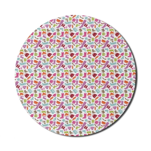 Fashion Mouse Pad for Computers, Colorful Clothing Elements Feminine Themed Shoes Bags Repetitive Pattern, Round Non-Slip Thick Rubber Modern Mousepad, 8" Round, White and Multicolor, by Ambesonne