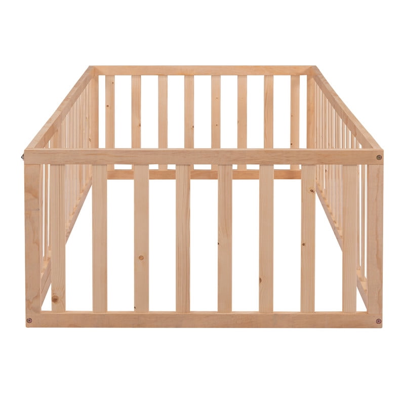 Twin Size Floor Bed Platform Bed with Fence and Door, Wood Montessori Bed Toddler Bed Playhouse Bed for Boys Girls, No Slats