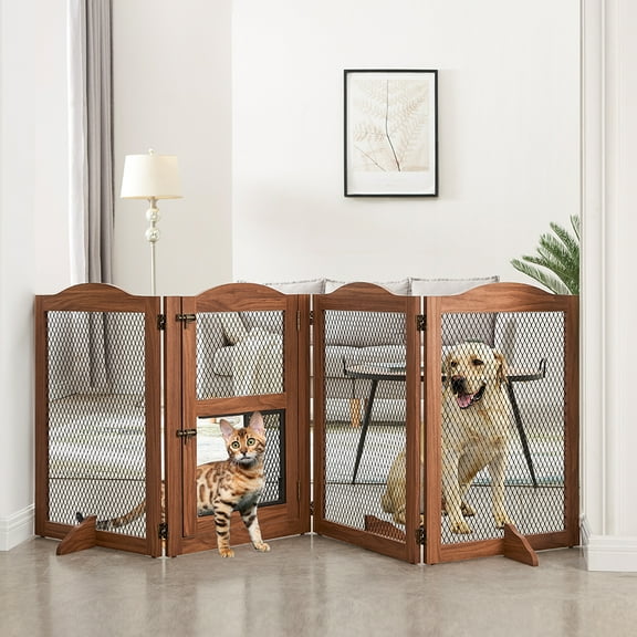 Unipaws Freestanding Pet Gate with Small Cat Door, Wooden Dog Gates with 3 Support Feet, Walnut