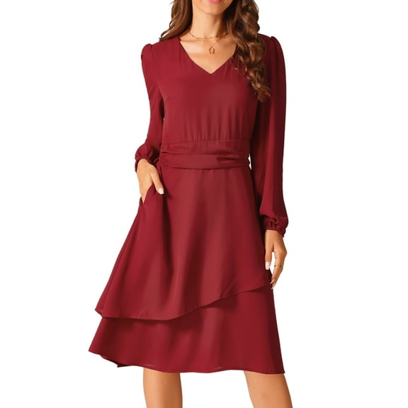 DARING DIVA Long Sleeve V Neck Dress High Waist Layered Dress S Wine Red