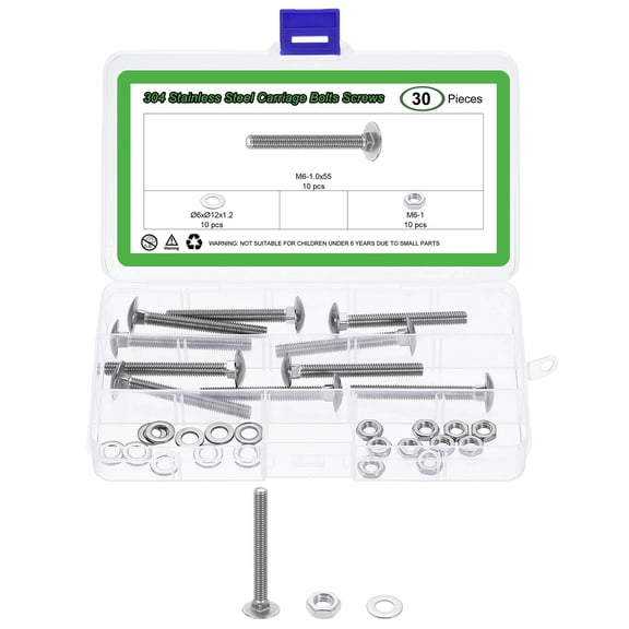 10 Set Carriage Bolts and Nuts Kit, M6-1.0x55 Stainless Steel 304 Round Head Square Neck Carriage Bolts Screws and Hex Nuts and Flat Washers - Silver
