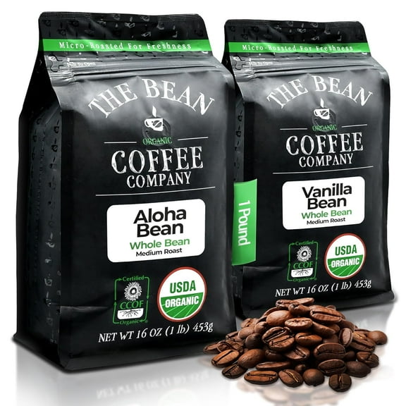 The Bean Organic Coffee Company Aloha Bean (Hawaiian Hazelnut) and Vanilla Bean, Medium Roast, Whole Bean Coffee, 16-Ounce Bag