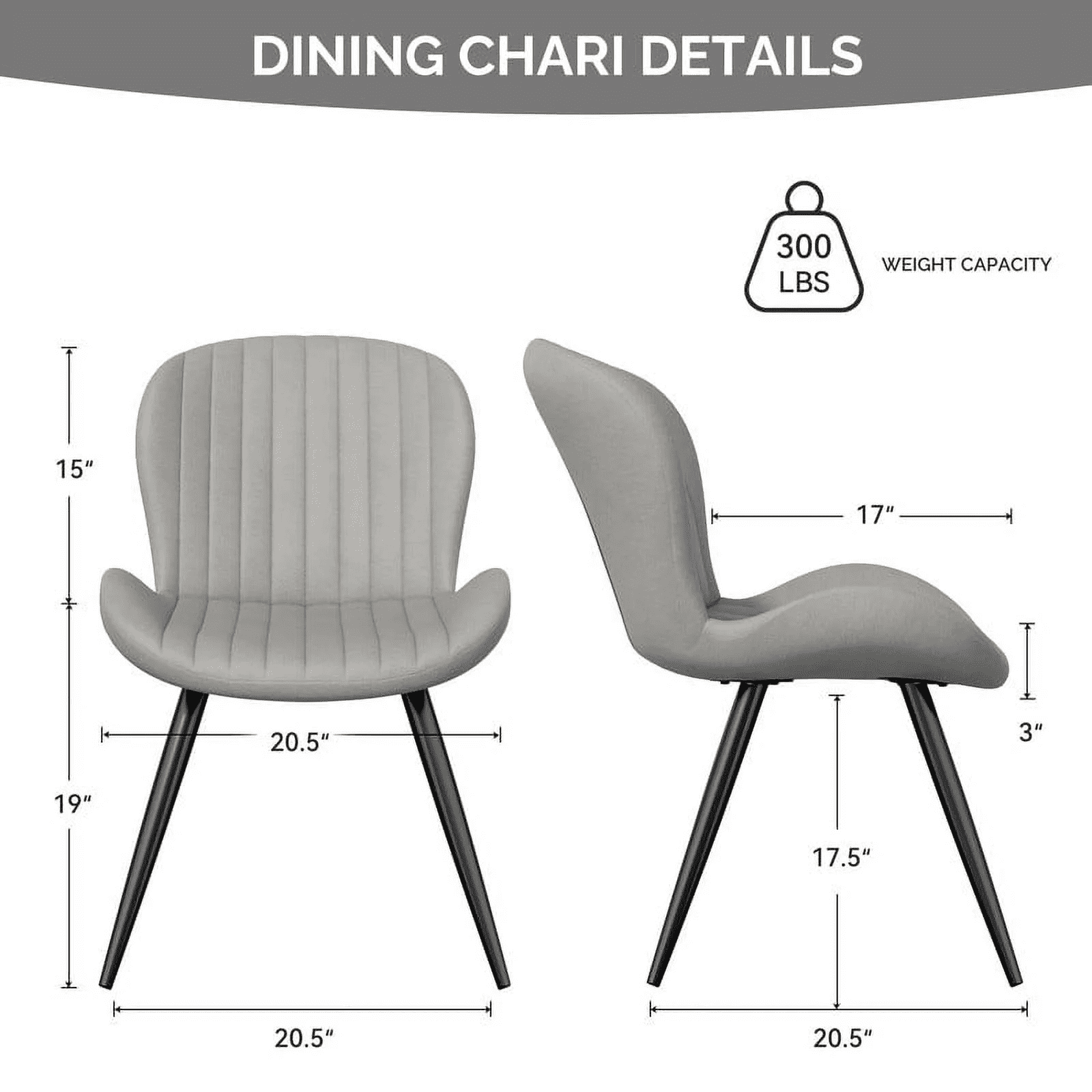 MOONMISS Dining Chairs Set of 2, Upholstered Kitchen Chairs with Backrest and Metal Legs,Gray