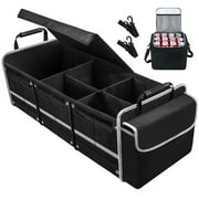 Car Storage Organizer, Collapsible Multi Compartment SUV Trunk Organizer with Leakproof Insulated Bag, Adjustable Securing Straps, Foldable Cover, Trunk Storage Box for Car, SUV, Truck, or Van