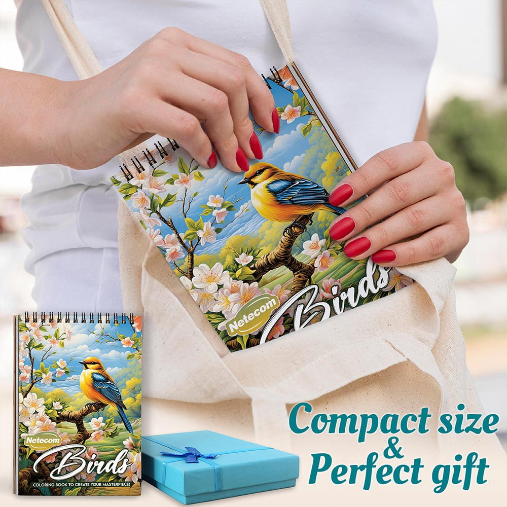 Netecom Birds Coloring Book Spiral Bound for Adults, A5 Wooden Cover, 30 Charming Birds Coloring Pages with Variety of Bird Species for Stress Relief and Relaxation