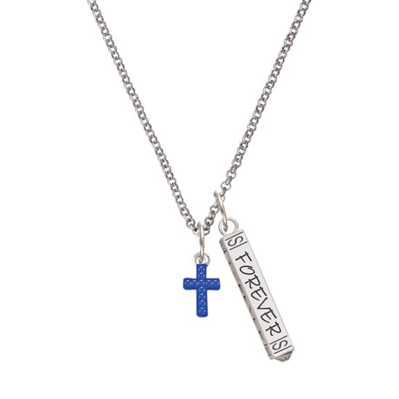 Delight Jewelry Silvertone Small Blue Crystal Cross Silvertone Forever Bar Charm Necklace, 23"