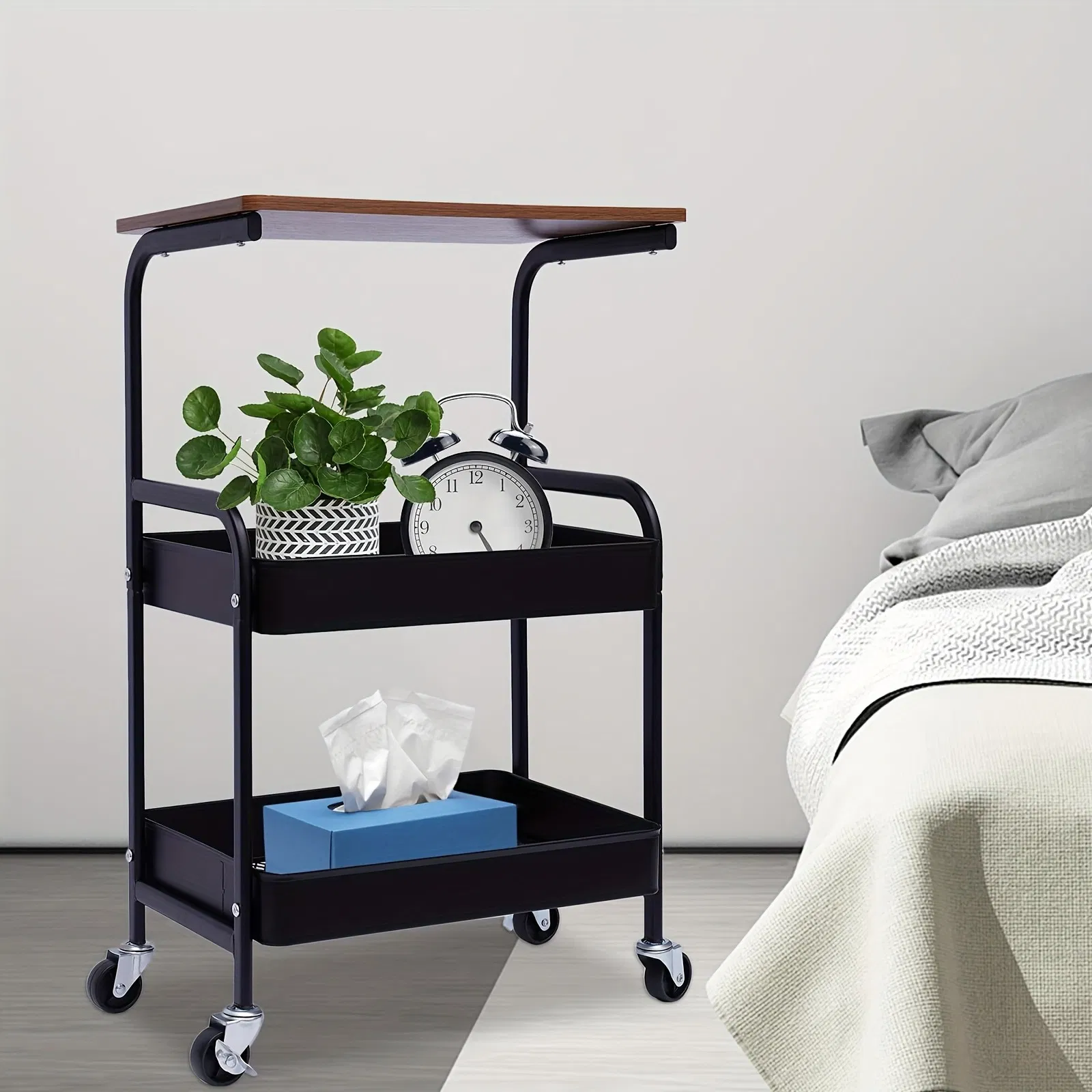 3-Tier Rolling Metal Utility Cart with Wooden Desktop, Lockable Wheels, Multifunctional Storage Rack & Printer Stand for Kitchen Office Bedroom Living Room