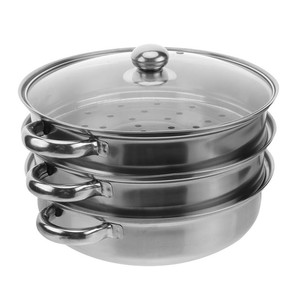 Olla de acero inoxidable de 28 cm para sopa de tres capas, vaporera multifunción de doble uso, utensilios de cocina, regalo de cocina (plateada)