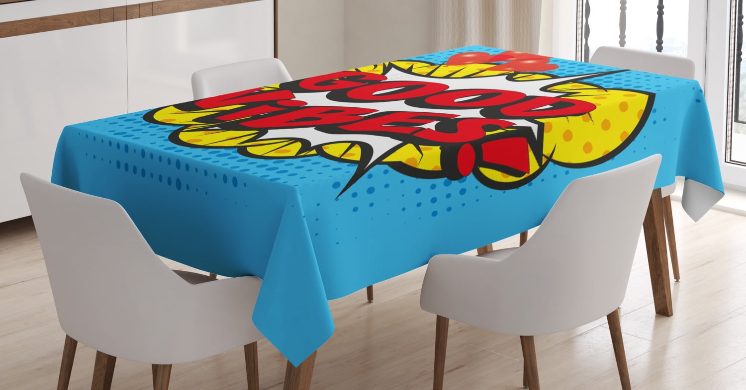Good Vibes Tablecloth, Pop Art Composition with Speech Bubble Retro