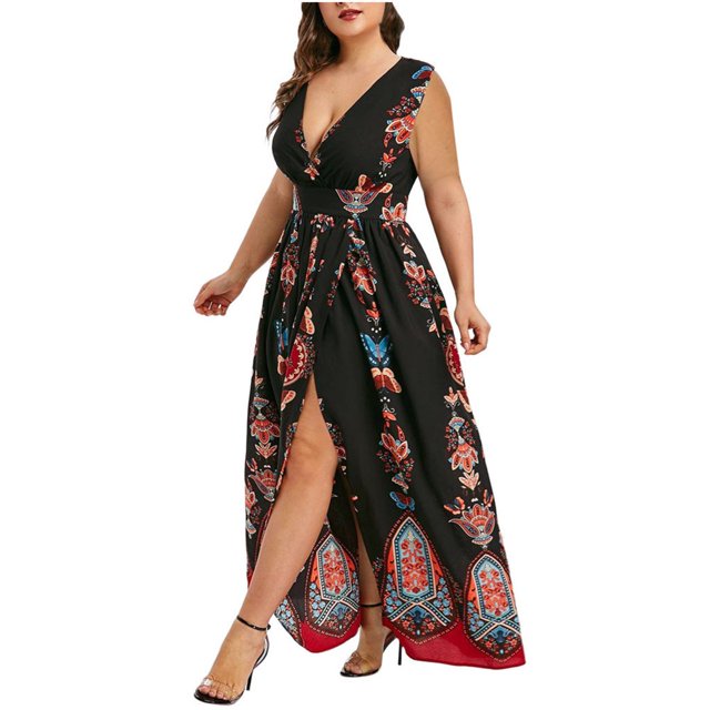 Robe Grande Taille pour Femmes Décontractée Élégante Robes d'Été Boho à Imprimé Floral Robes à Décolleté en V Profond Robe Trapèze de Plage