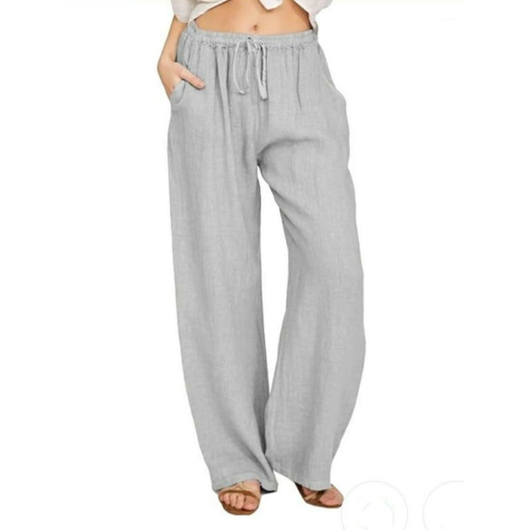xingqing Women's Cotton Linen Pants Plus Size Loose High Waist Drawstring  Wide Leg Pants Lounge Trousers with Pockets Gray 3XL 