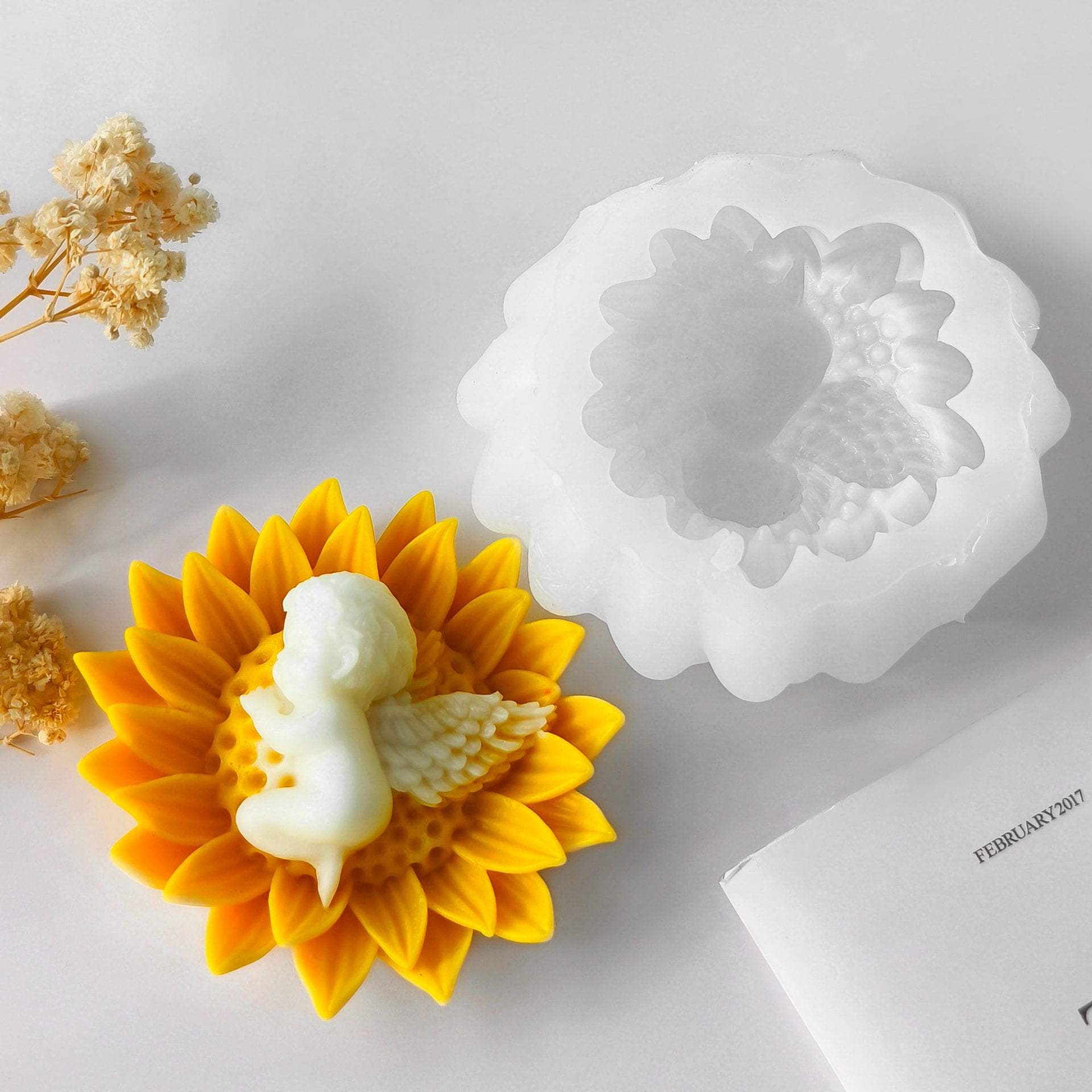 2PCS Flower Candle Molds for Candle Making, 3D Angel Baby in Sunflower Silicone Molds for Soap Making, Resin Casting, Aroma Candle, Wax, Plaster Polymer Clay Home Decor DIY Mother's Gift Baby Shower