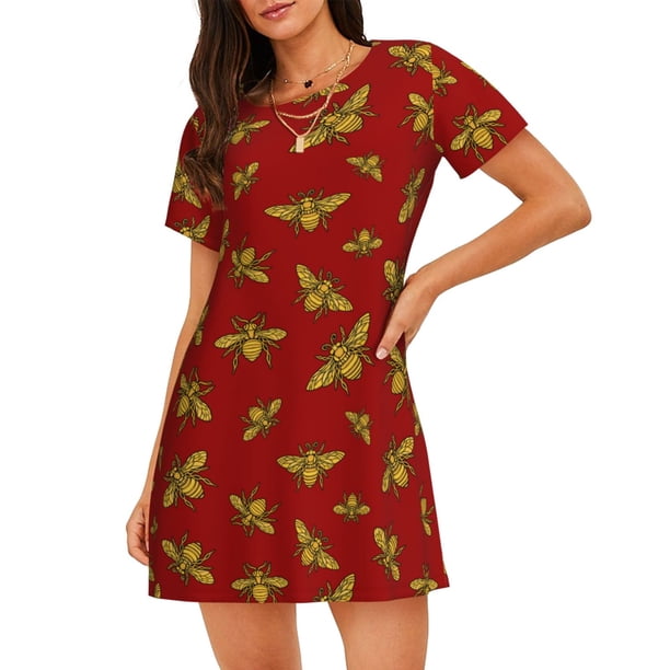 Fotbe Hohey Bee Golden Bata de Dormir para Mujer con Estampado, Camisón de Algodón de Manga Corta, Ropa de Dormir Casual
