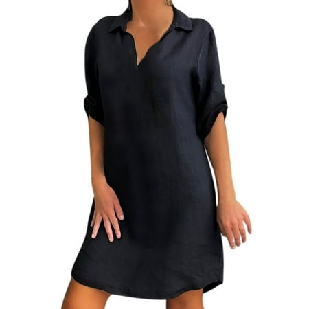 

plus Dresses for Women V Neck Chiffon Women s Maxi Dress Plus Turn Size Cotton Shirt Women Collar Down Loose Linen Dress Fashion Solid Plus Size Dress Fitted Maternity Dress plus Size