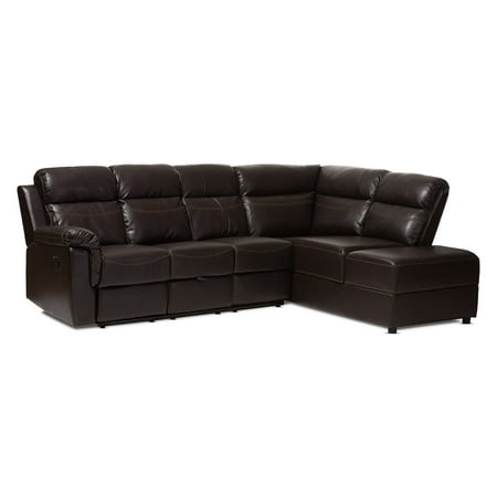 Brown Leather Chaise - Baxton Studio Roland Modern and Contemporary Dark Brown Faux Leather 2-Piece Sectional with Recliner and Storage Chaise