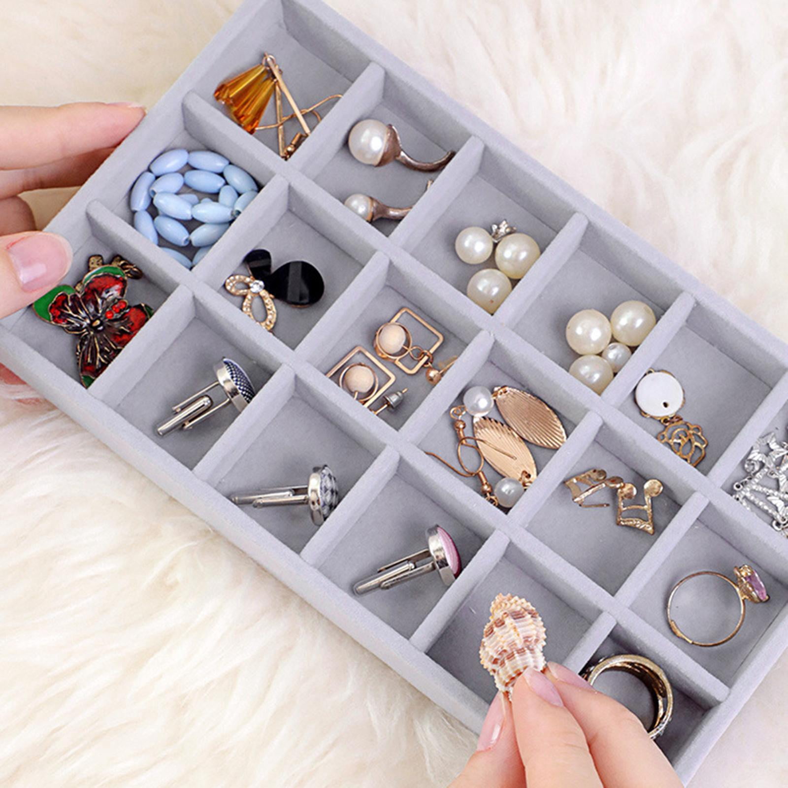 2-Pack Velvet Jewelry Box Trays - 5 X 8.3 Inch, 18 Grids Divided, Stackable Drawer Insert For Earrings, Rings, Necklaces (Antique White)