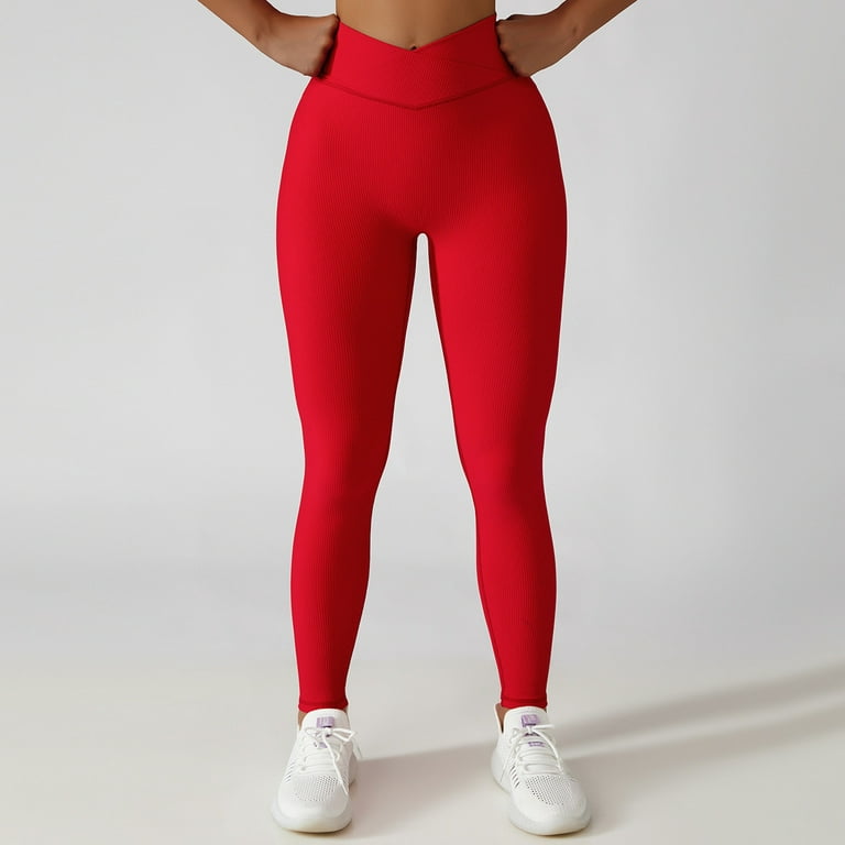 RQYYD Women Ribbed Seamless Leggings High Waisted Workout Gym Yoga Pants  Butt Lifting Tummy Control Tights Red M