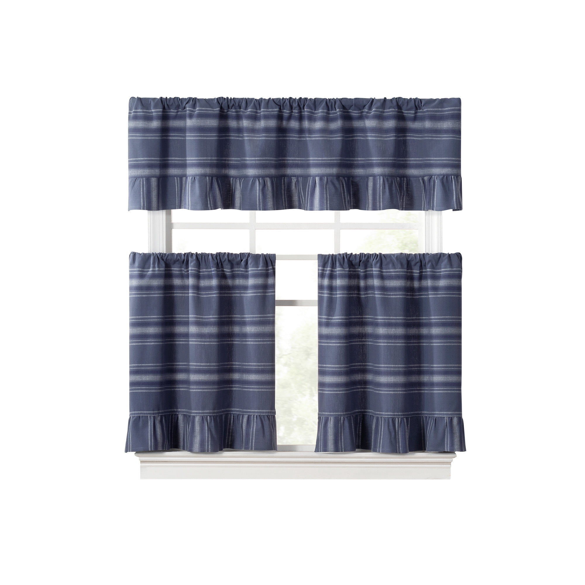Martha Stewart Ruffle Stripe Tier Set Poseidon Blue, Pole Top, Light Filtering, Indoor, Adult, 2 Piece Set, 30" x 24"