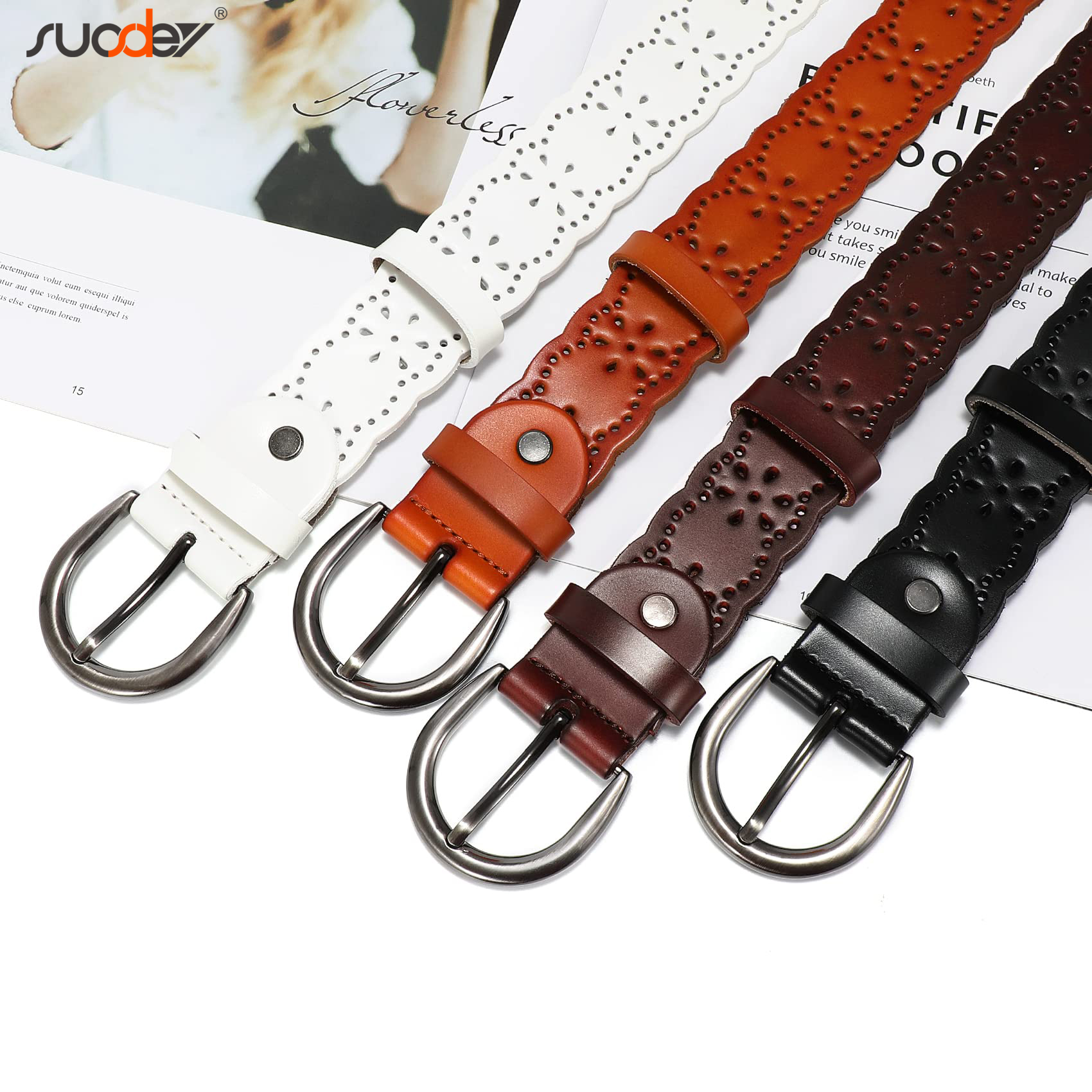 SUOSDEY Women's Hollow Flower Leather Belt photo 4