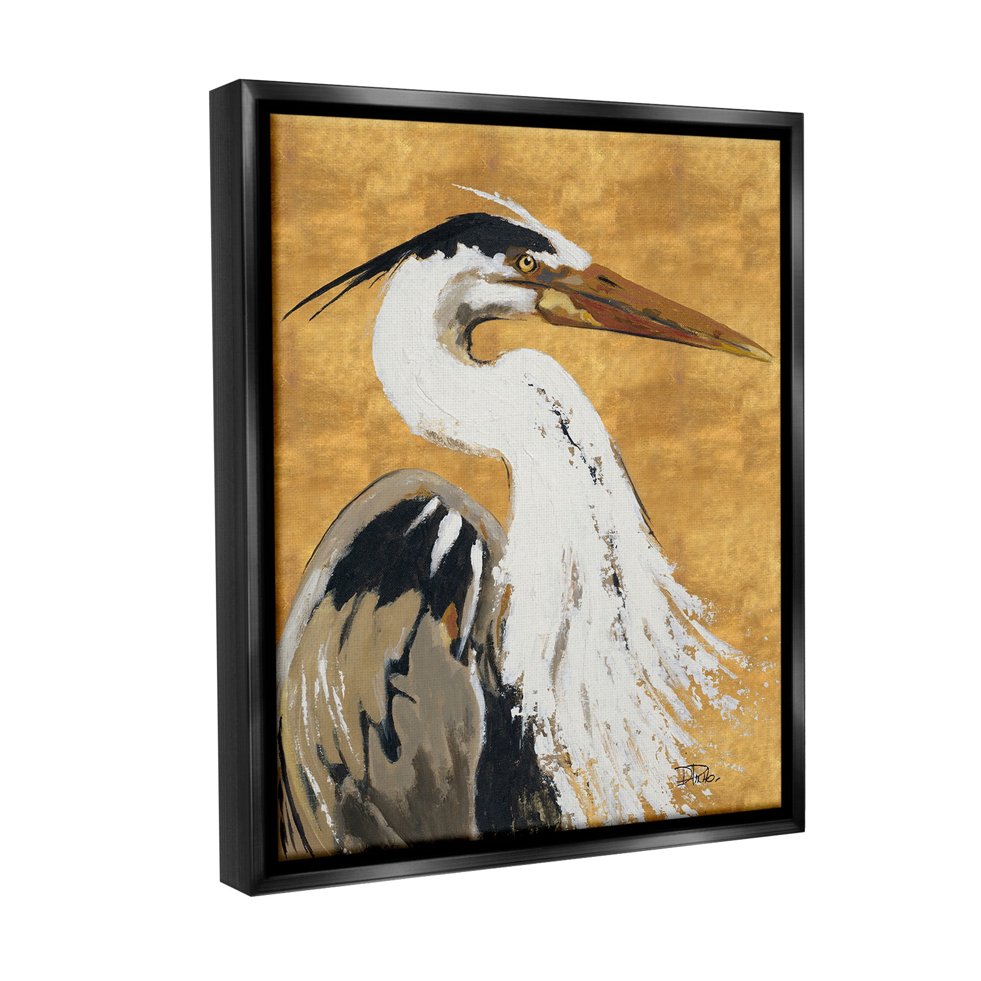 Stupell Industries Heron on Gold Pattern Animals & Insects Painting Black Floater Framed Canvas Art Print Wall Art, 17 x 21