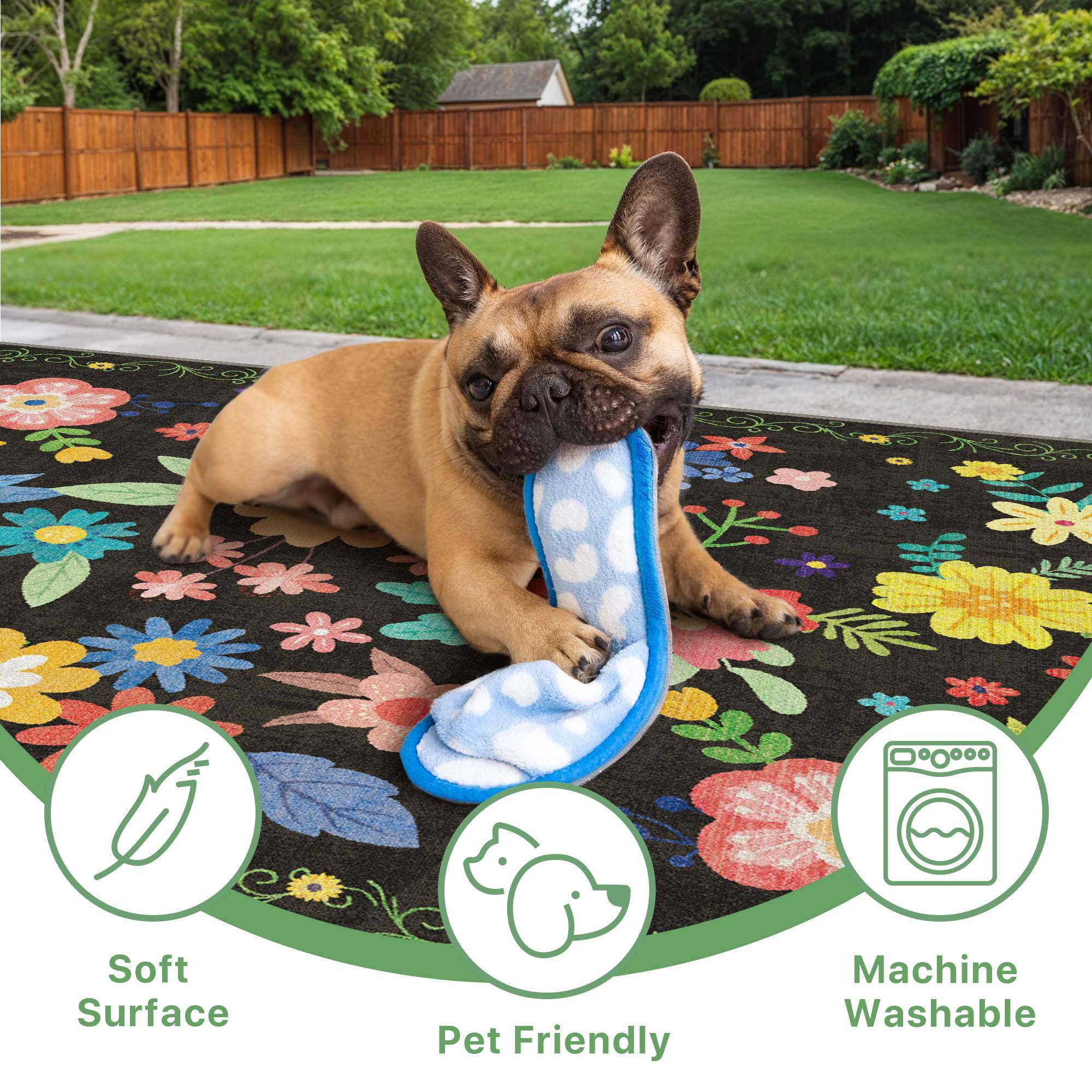 DEORAB 9'x 12' Outdoor Rug Chenille 3-Layers Patio Washable Mat Imitation Silicone Material Camping Garden RV Carpet,BLACK