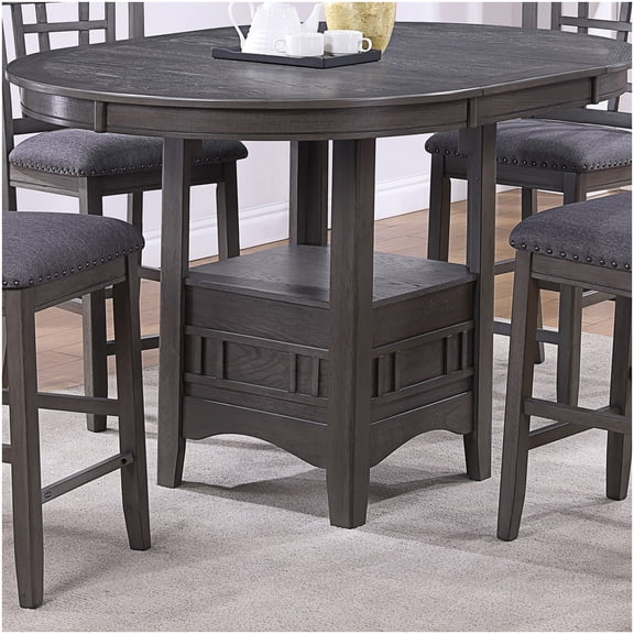 Solid Wood Round Counter Height Dining Table with Leaf and Storage, Gray Finish