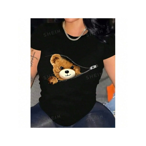 Camiseta de manga corta y cuello redondo para mujer con estampado de oso para uso casual en primavera y verano Color Negro Talla Grande Marca Emil SaEs
