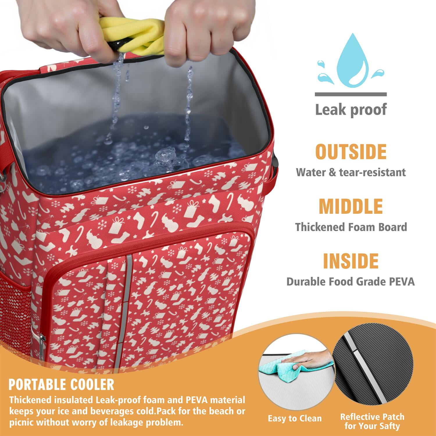 Travel Cooler Bag - Red Christmas Pattern Camping Beer Cooler Backpack with Bottle Opener- Waterproof Insulated Picnic Backpacks - Cooler Bag for Beach