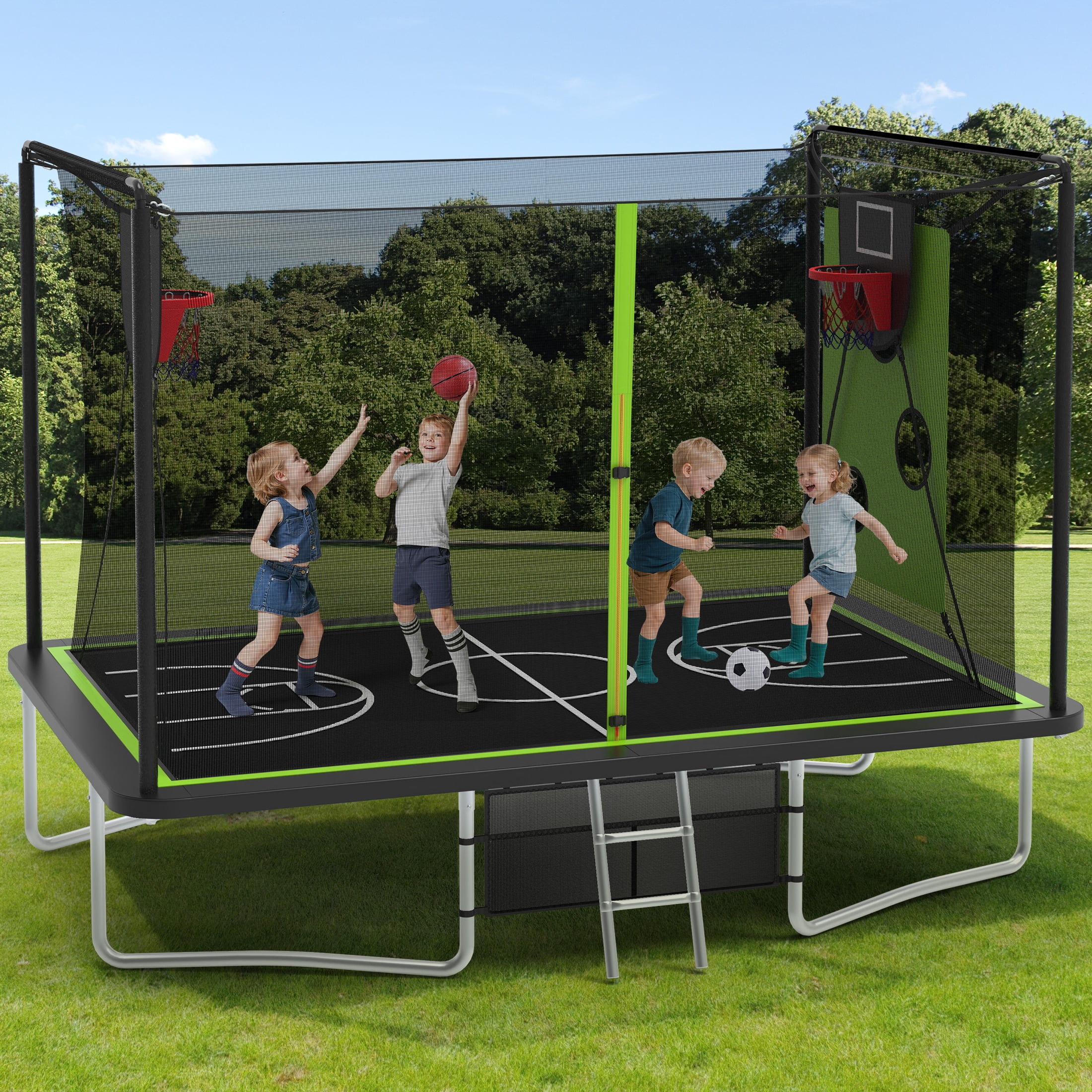 8X12FT Rectangular Trampoline with Enclosure Net, SEGMART Big Outdoor Rectangle Trampoline with Basketball Hoop, Large Square Trampoline 1322LBS Weight Capacity with Storage Bag for Kids, Adults