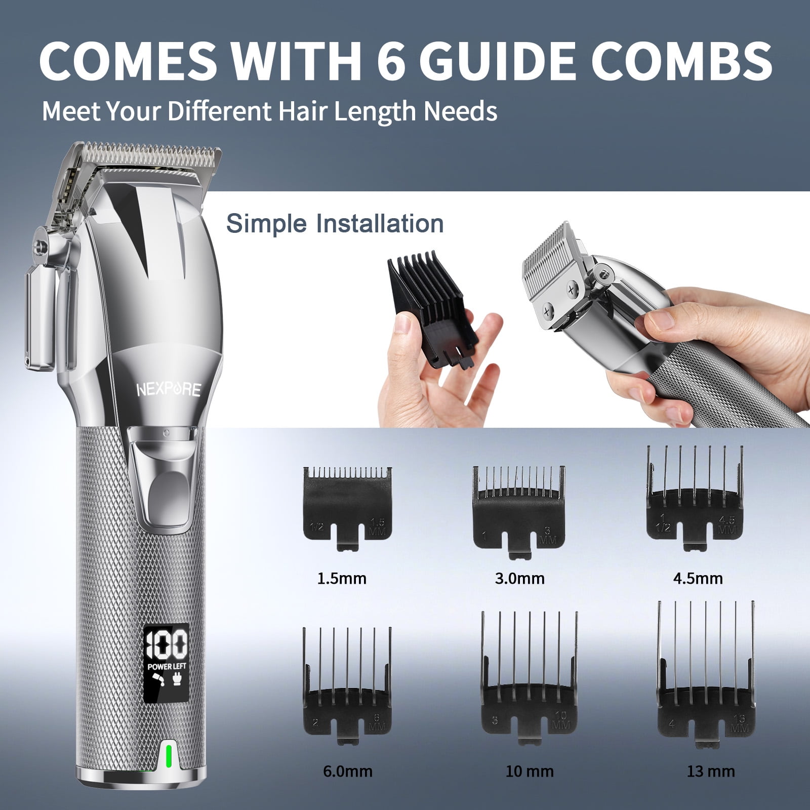 NEXPURE Cordless Hair Clippers for Men, 6800RPM Hair Cutting Kit Quiet High-Torque, 6 Guide Combs, All-in-One Clippers for Hair Cutting, Silver
