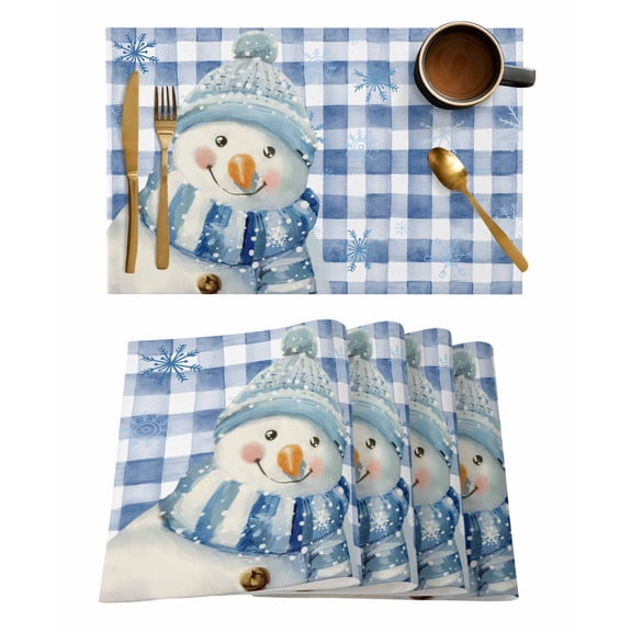 Placemats 1 Pack, Blue Christmas Snowman Woven Placemat, Linen Place Mats for Kitchen/Dining Tables, Winter Snowflake Xmas Plaid Washable Table Mats for Party