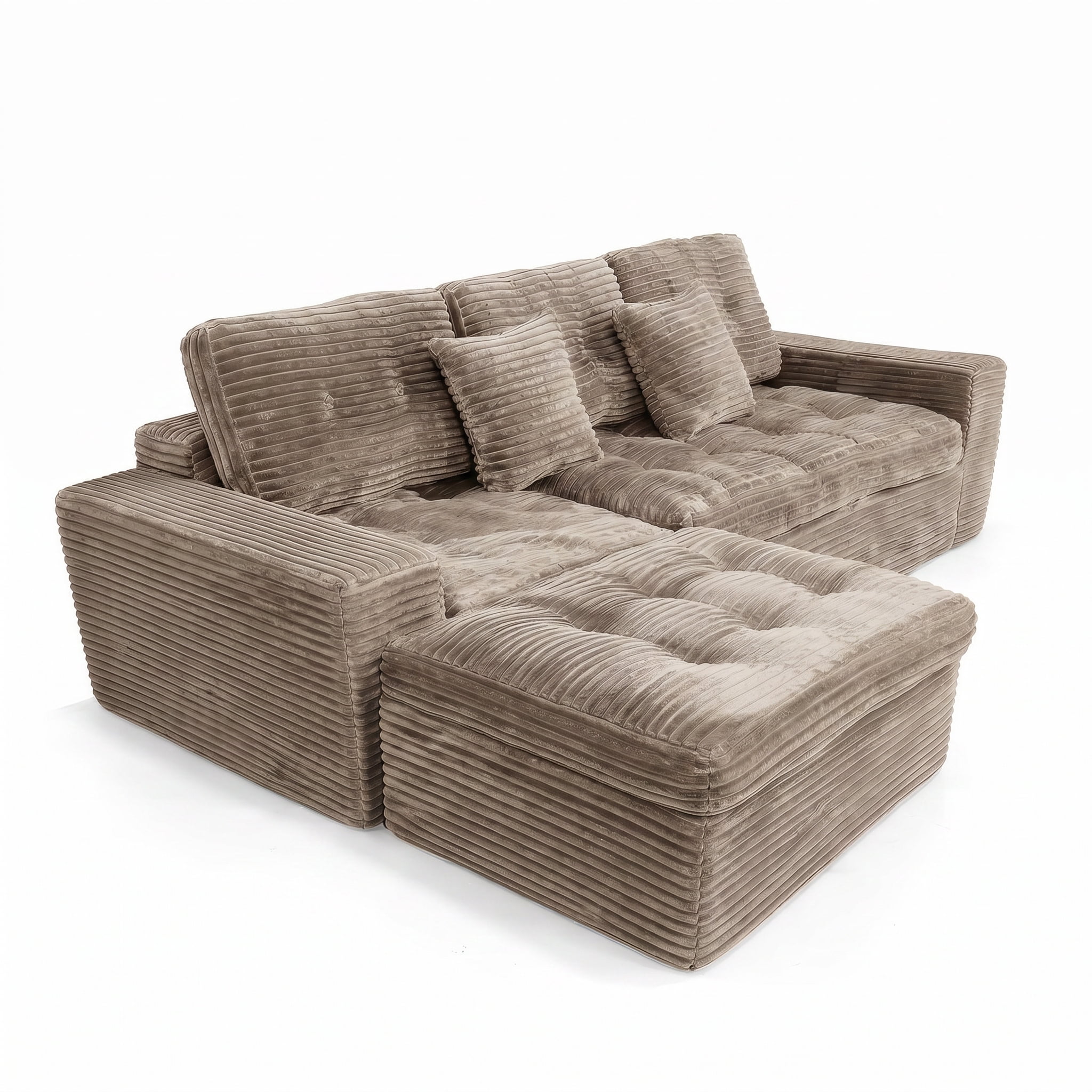 Compressed Pure Foam Boneless Sofa Set with Ottoman, Upholstered Faux Fur Tufted Couch, 3-Seater Floor Sectional Sofa