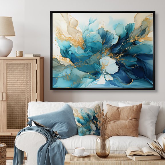 Designart "Liquid Ink: Blue And White Geyser II" Abstract Shapes Floater Framed Wall Art Living Room