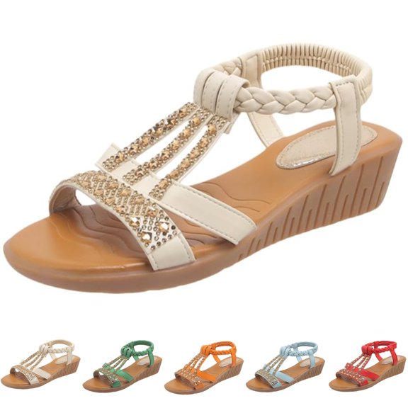 Women's Bohemian Beaded T-Strap Wedge Sandals, Braided Elastic Ankle Strap Shoes, Trendy Summer Footwear for Travel, Vacation Beige 35