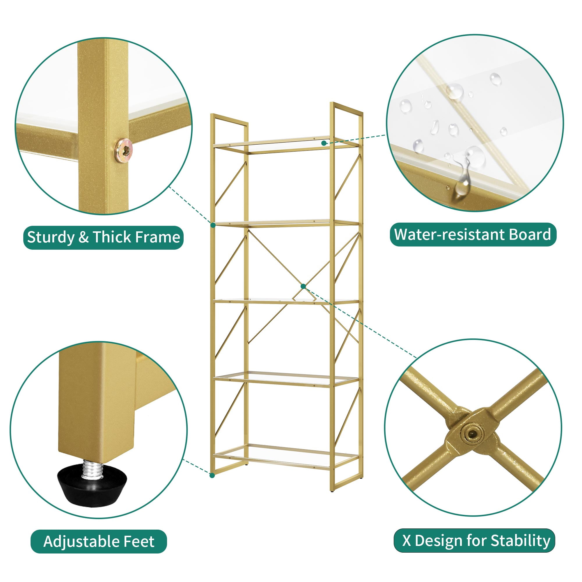 Dextrus 5-Tier Gold Bookshelf, Modern Free Standing Storage Shelf with Metal Frame,Display Shelf Storage Rack for Living Room, Acrylic and Gold Finish