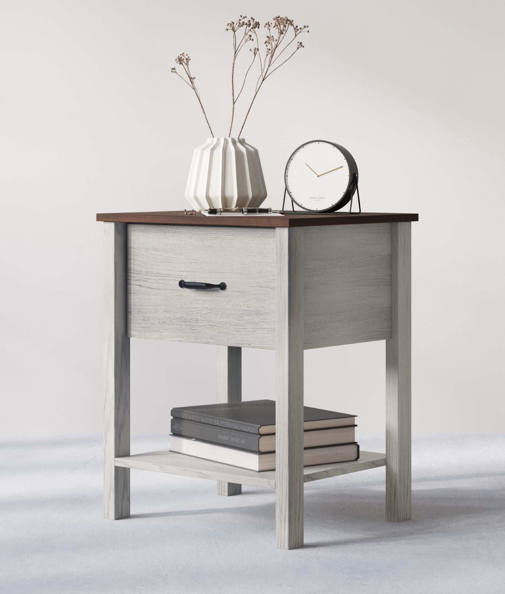 Home Design Sana Nightstand with Pull-Out Drawer and Open Shelf, White Oak/Brown, Easy Assembly (Set of 2)