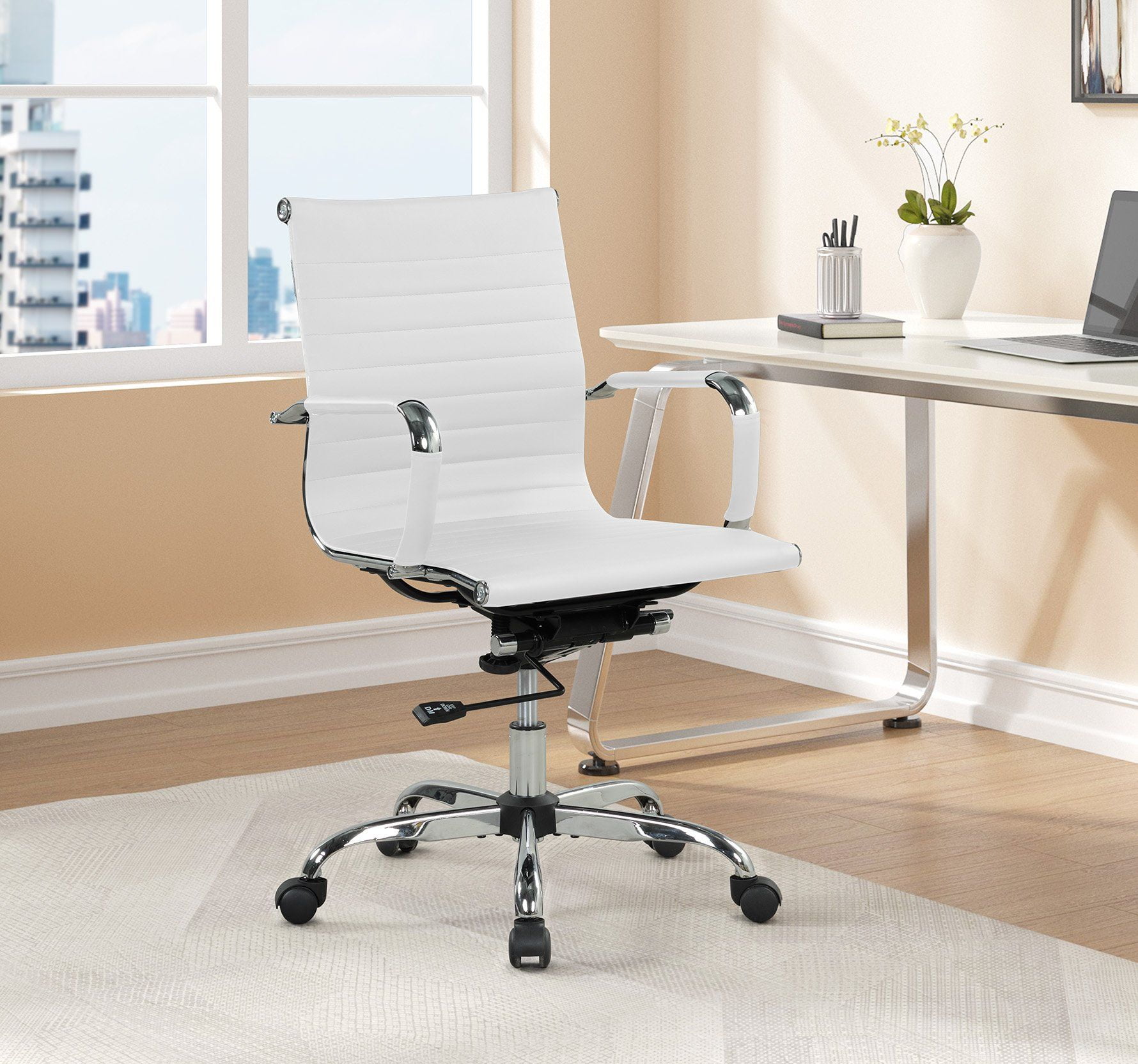 Mainstays Ribbed Back PU Leather Office Chair, Adjustable Height, White -  