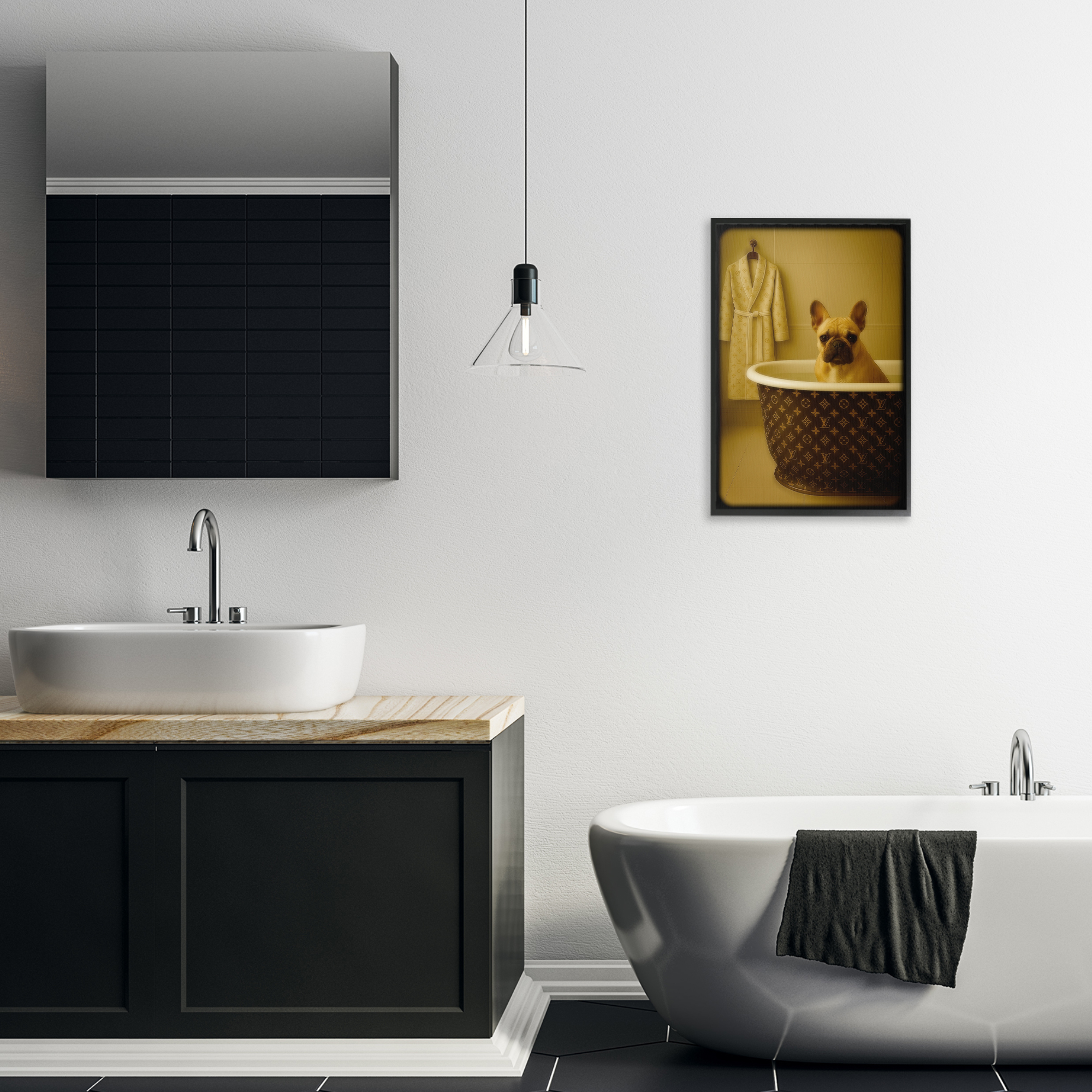 Stupell Industries Couture French Bulldog in Luxury Tub Black Framed Giclee Art, design by Grotto Studios