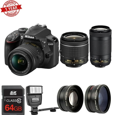 Nikon D3400 DSLR Camera (Black) w/ NIKKOR 18-55mm & 70-300mm Lenses| Starter Bundle