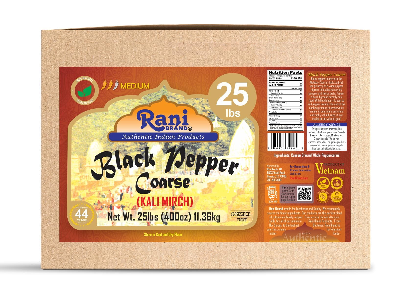 Rani Black Pepper Coarse Ground 28 Mesh (Table Grind), Premium Indian 400oz (25lbs) 11.36kg Bulk Box ~ All Natural | Vegan | Gluten Friendly | NON-GMO | Kosher