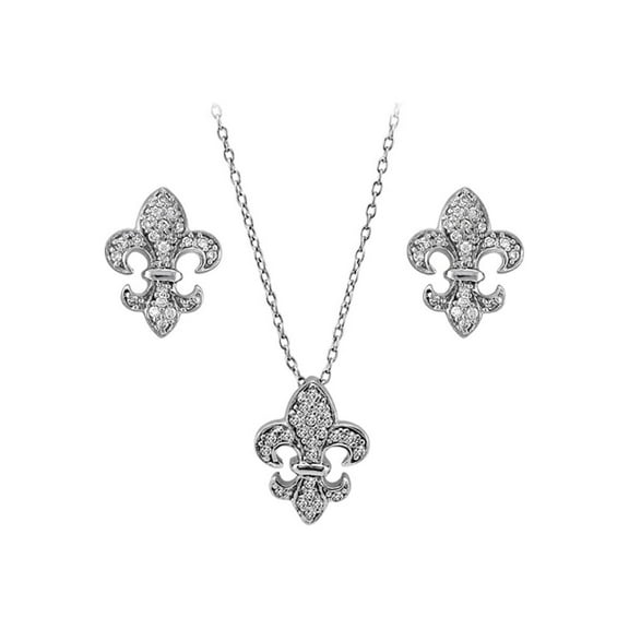 BERRICLE Sterling Silver Fleur De Lis Cubic Zirconia CZ Fashion Necklace and Earrings Set for Women, Rhodium Plated