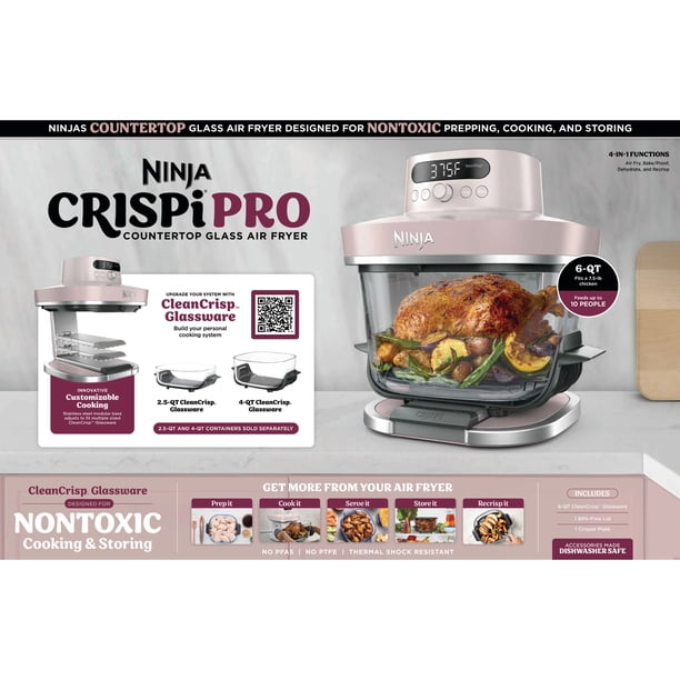 Ninja Crispi Pro Glass Air Fryer 6-Qt, 4-in-1, Air Fry Bake Recrisp Dehydrate, Dishwasher Safe, AS100PK1 Pink