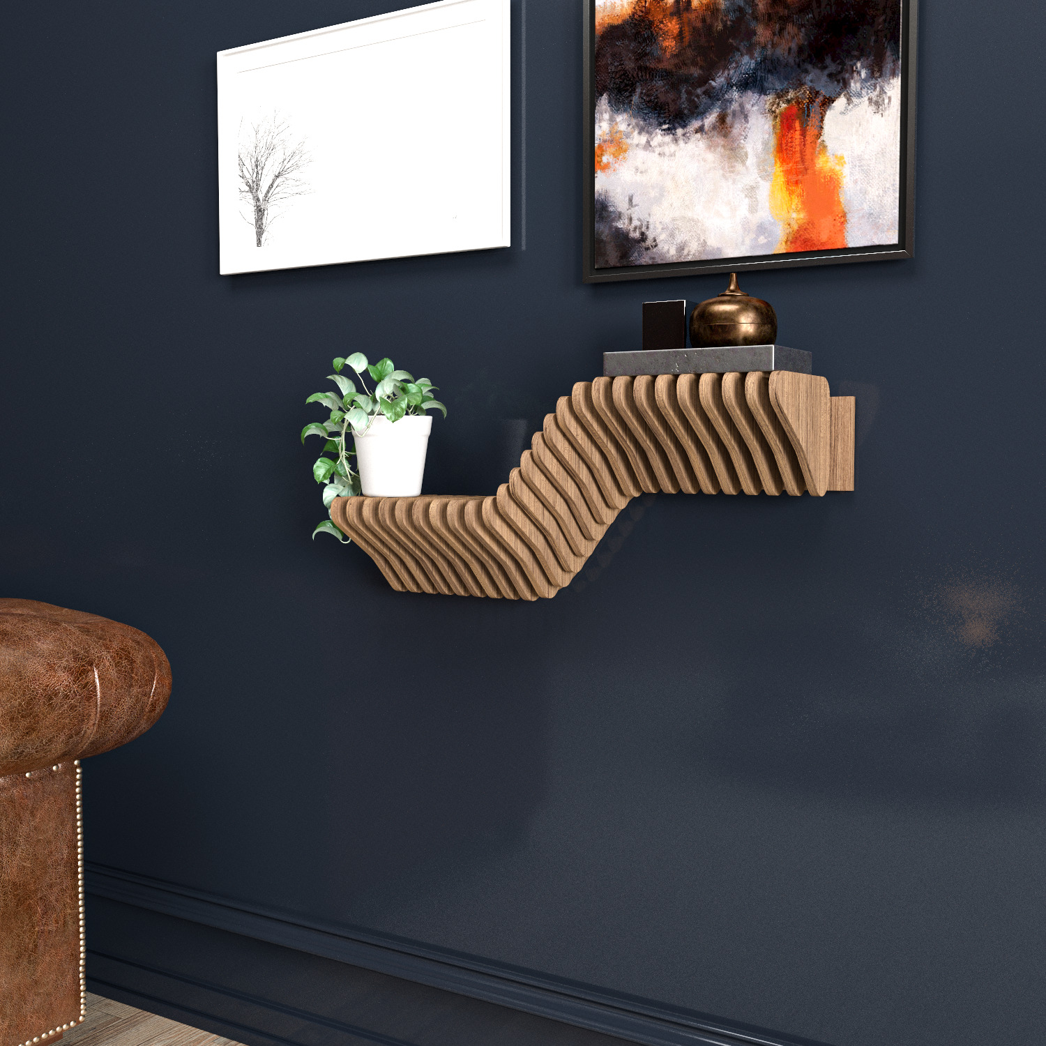 Batamex Parametric 20" Floating Shelf Modern Geometric Wooden 3D Wavy Wall Piece